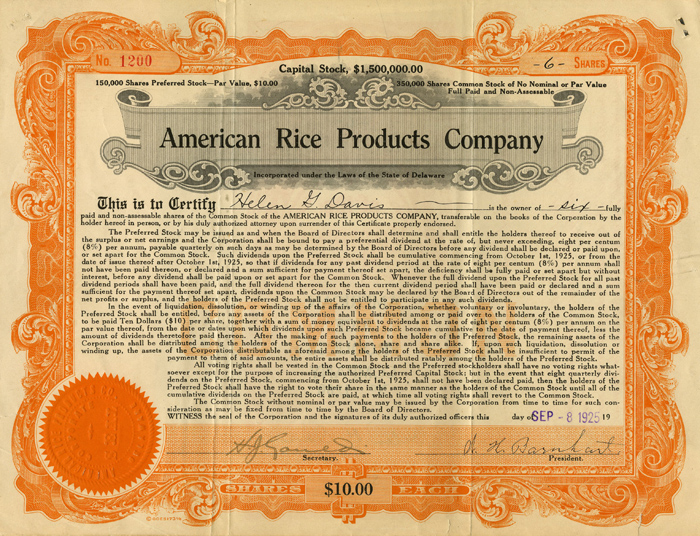 American Rice Products Co. - Stock Certificate